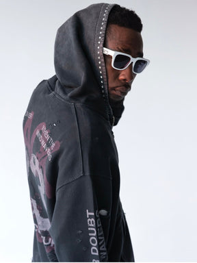 BLACK ISLAND Felpa Con Zip In Cotone Sfumata Con Stampa Retro Grigio Scuro