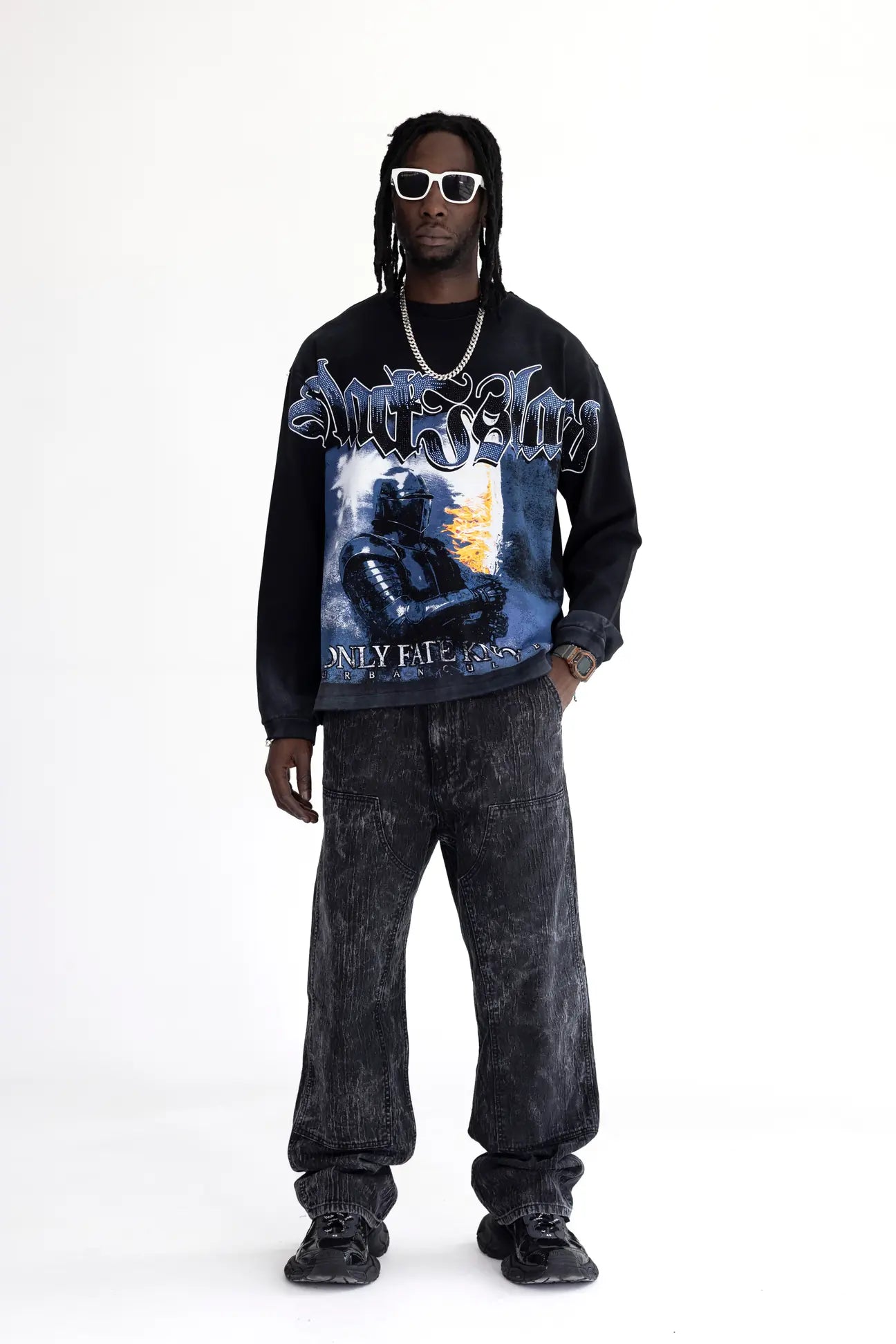 BLACK ISLAND Long Sleeve Racing Stampa con Brillantini Nero/Blu