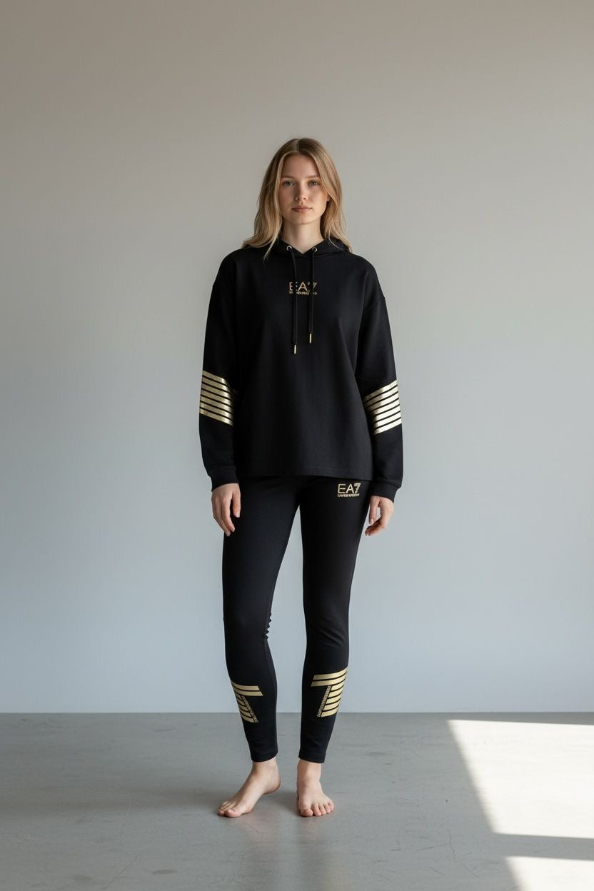 EMPORIO ARMANI TUTA NERA E ORO CON LEGGINGS COTONE DONNA