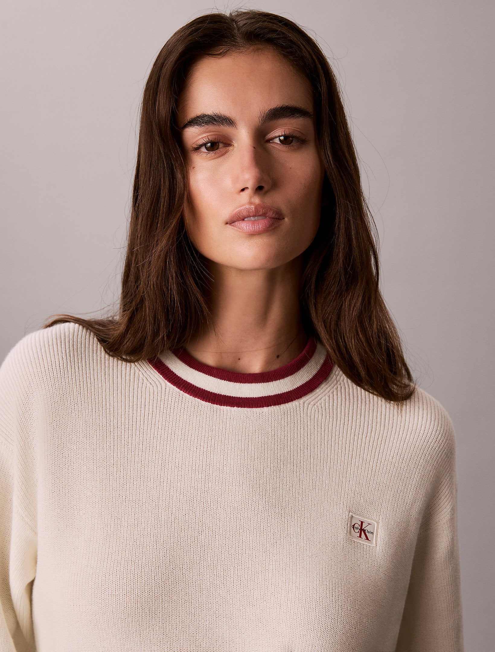 CALVIN KLEIN Donna Maglione In Maglia Di Cotone Con Finiture a Righe Beige