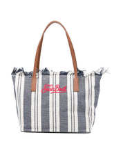 SAINT BARTH BORSA DONNA CITY BAG MID A RIGHE CON FRANGE BLU/BIANCA LOGO RICAMATO FUCSIA