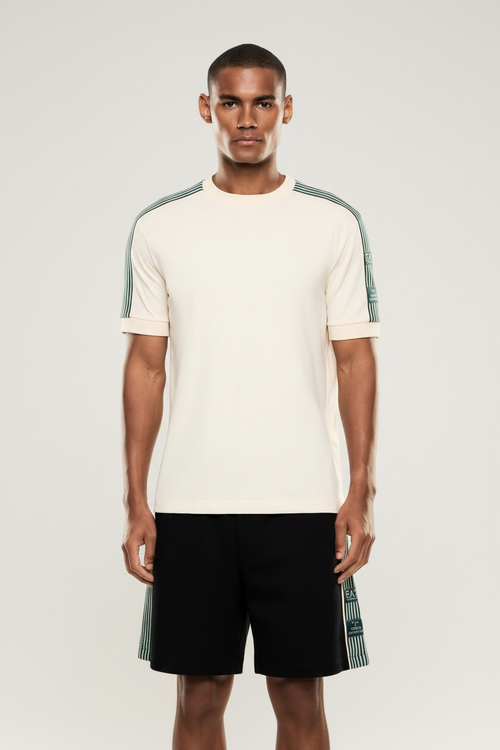 EMPORIO ARMANI Completino T-Shirt Beige Pantaloncino Nero Con Bande Laterali Verdi