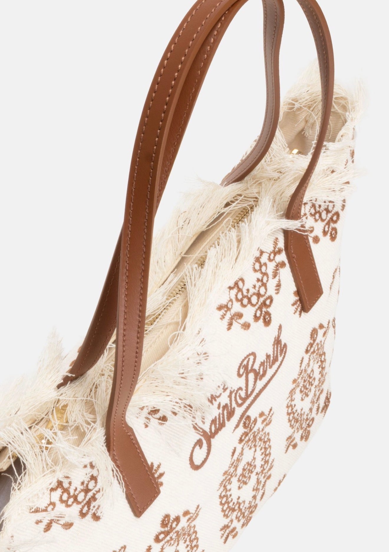 SAINT BARTH Borsa City regular in Sangallo con Frange Panna Dettagli e Logo Ricamati Marrone