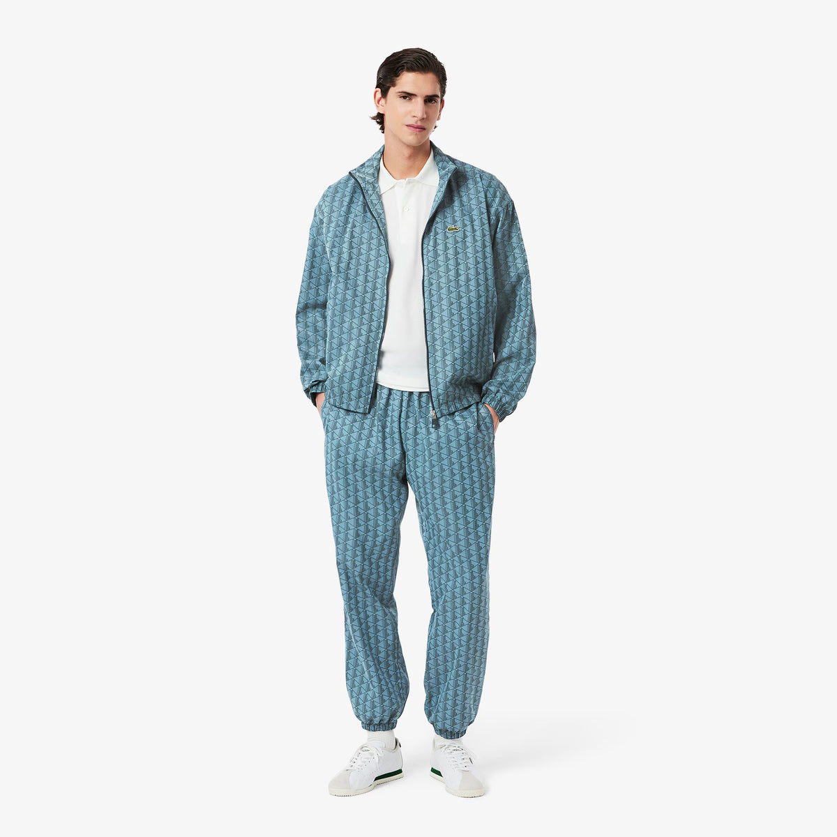 LACOSTE Tuta Monogram In Microfibra Con Zip Azzurra