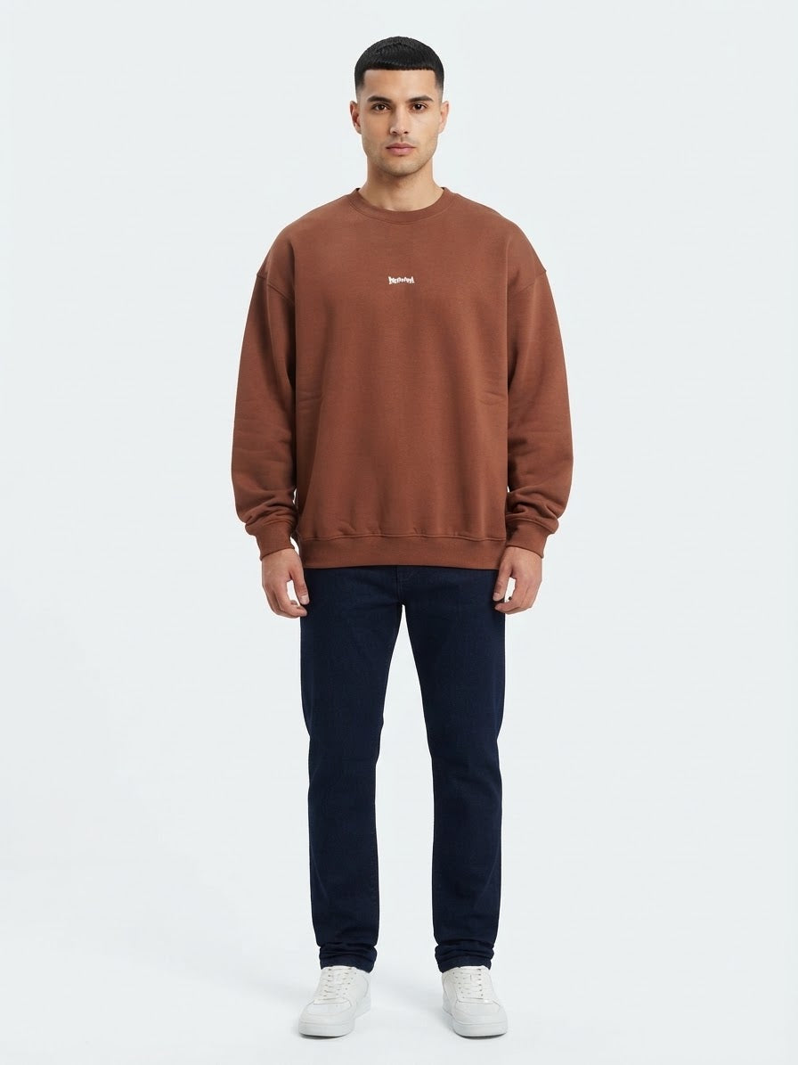 DISCLAIMER Felpa Girocollo Marrone Logo Frontale Minimal Bianco e Logo Grande Retro Celeste