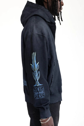 BLACK ISLAND Felpa Con Zip e Cappuccio Con Stampa Croce Fronte e Retro Stone Wash Nera