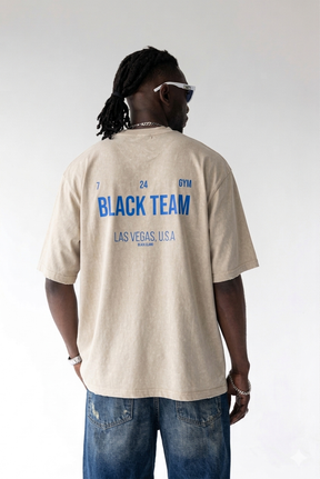BLACK ISLAND T-Shirt In Cotone Grigia Sfumata Effetto Sporco Cropped Con Stampa Blu