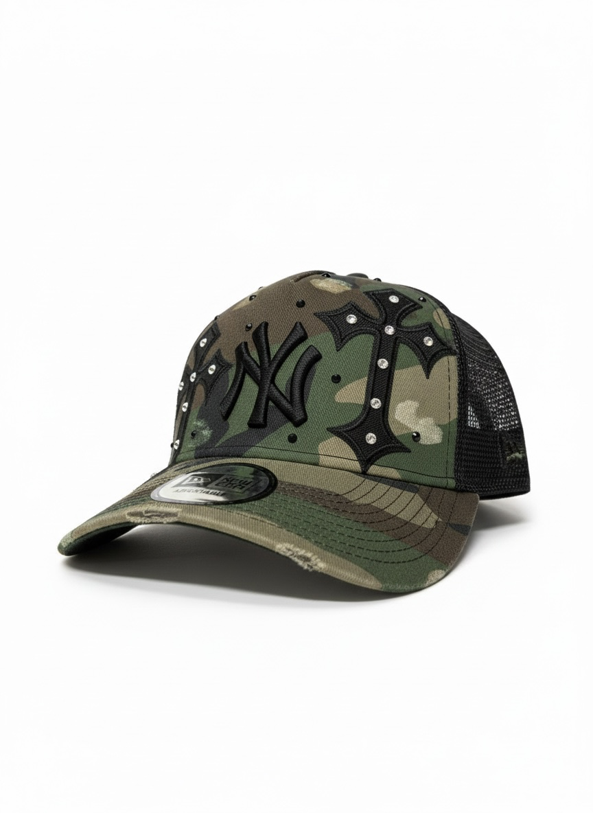 NEW ERA CUSTOM Cappello Visiera Curva Regolabile Con Rete Dietro Personalizzato Con Strass E Croci Camouflage Verde Militare