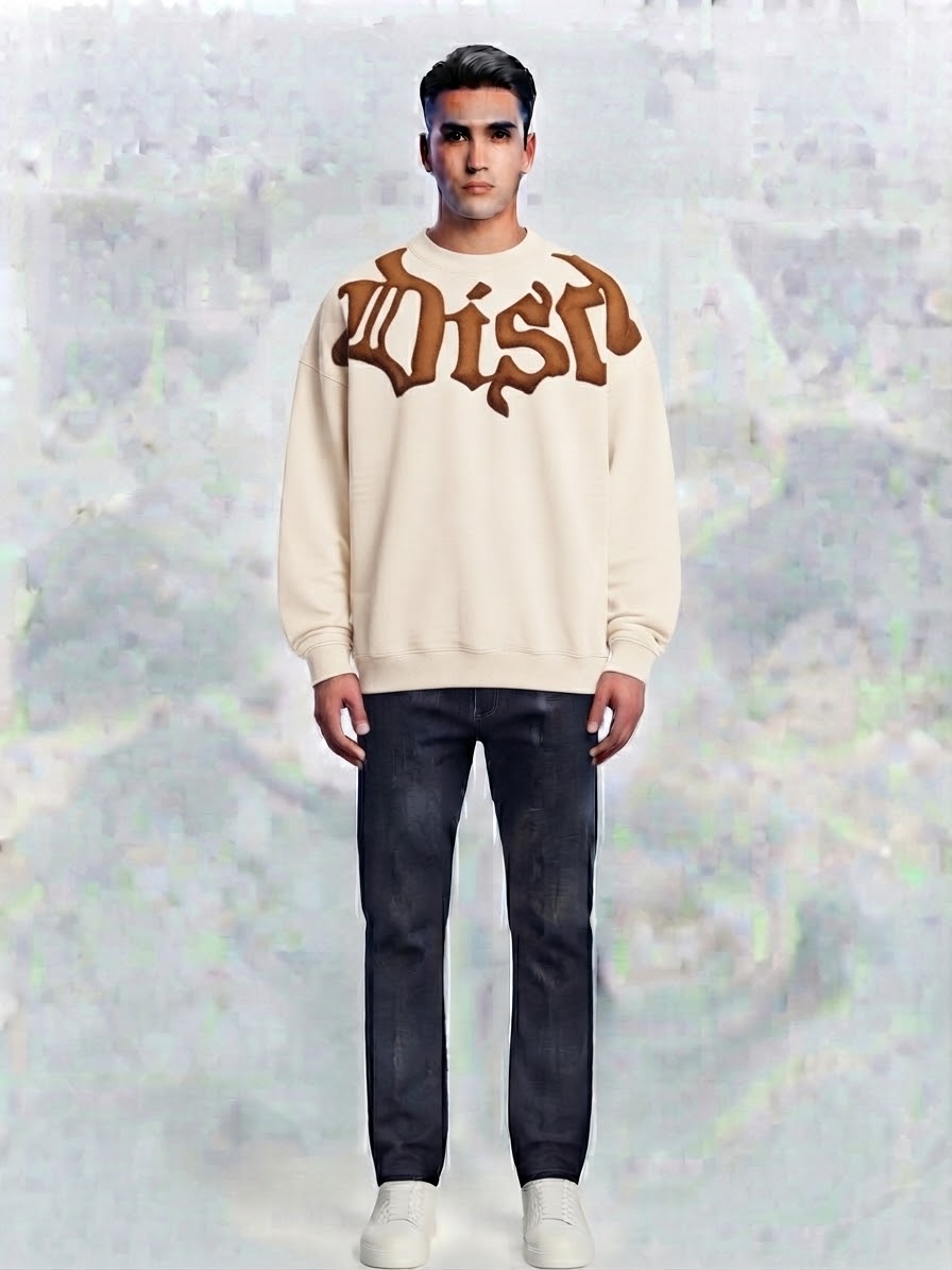 DISCLAIMER Felpa Oversize Girocollo Beige Panna Frontale Beige a Contrasto