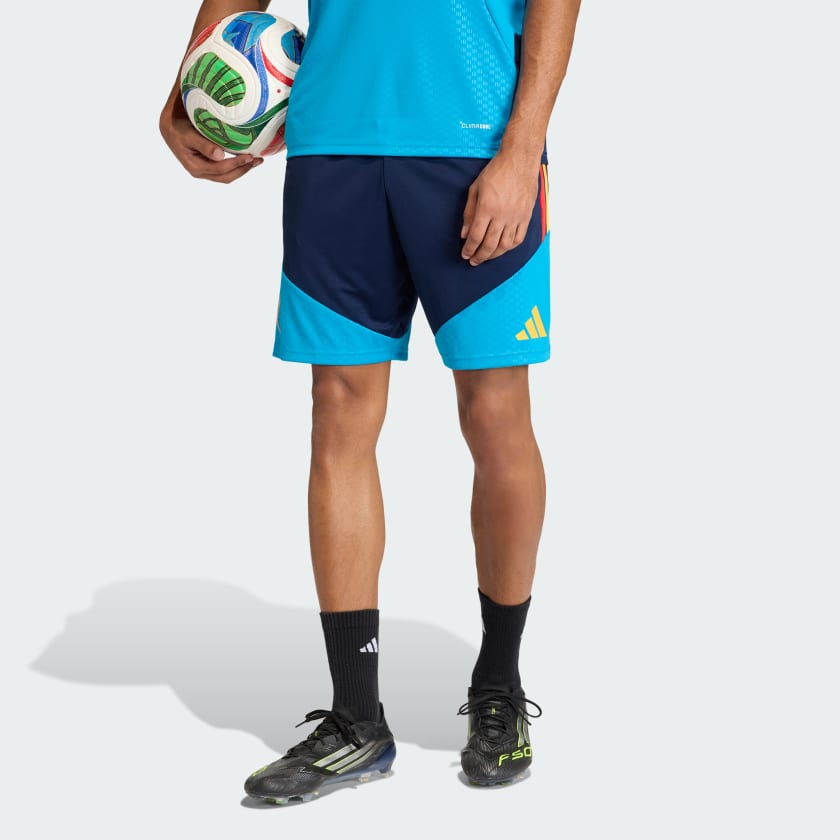Adidas Completino Spagna Uomo Azzurro Polo e Pantaloncino Strisce Gialle Rosse