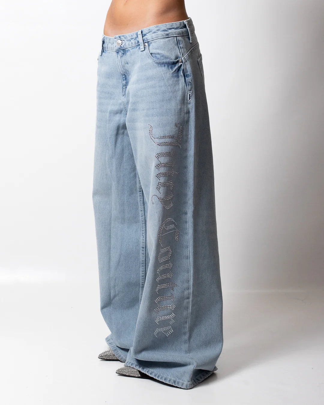 JUICY COUTURE Jeans Baggy Denim Chiaro Logo Con Brillantinati Donna