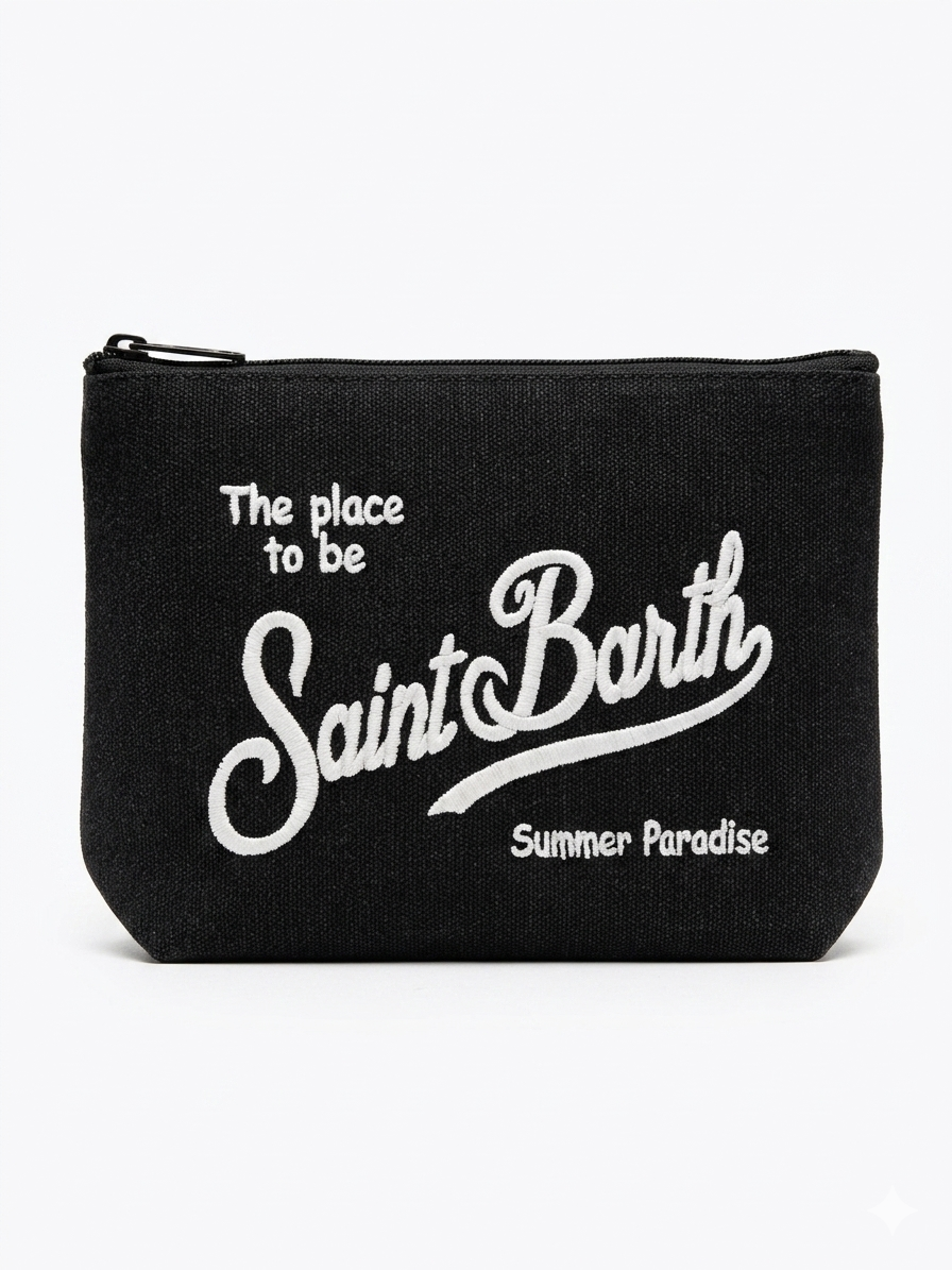 SAINT BARTH Pochette Aline Canvas Nera Logo Ricamato Bianco