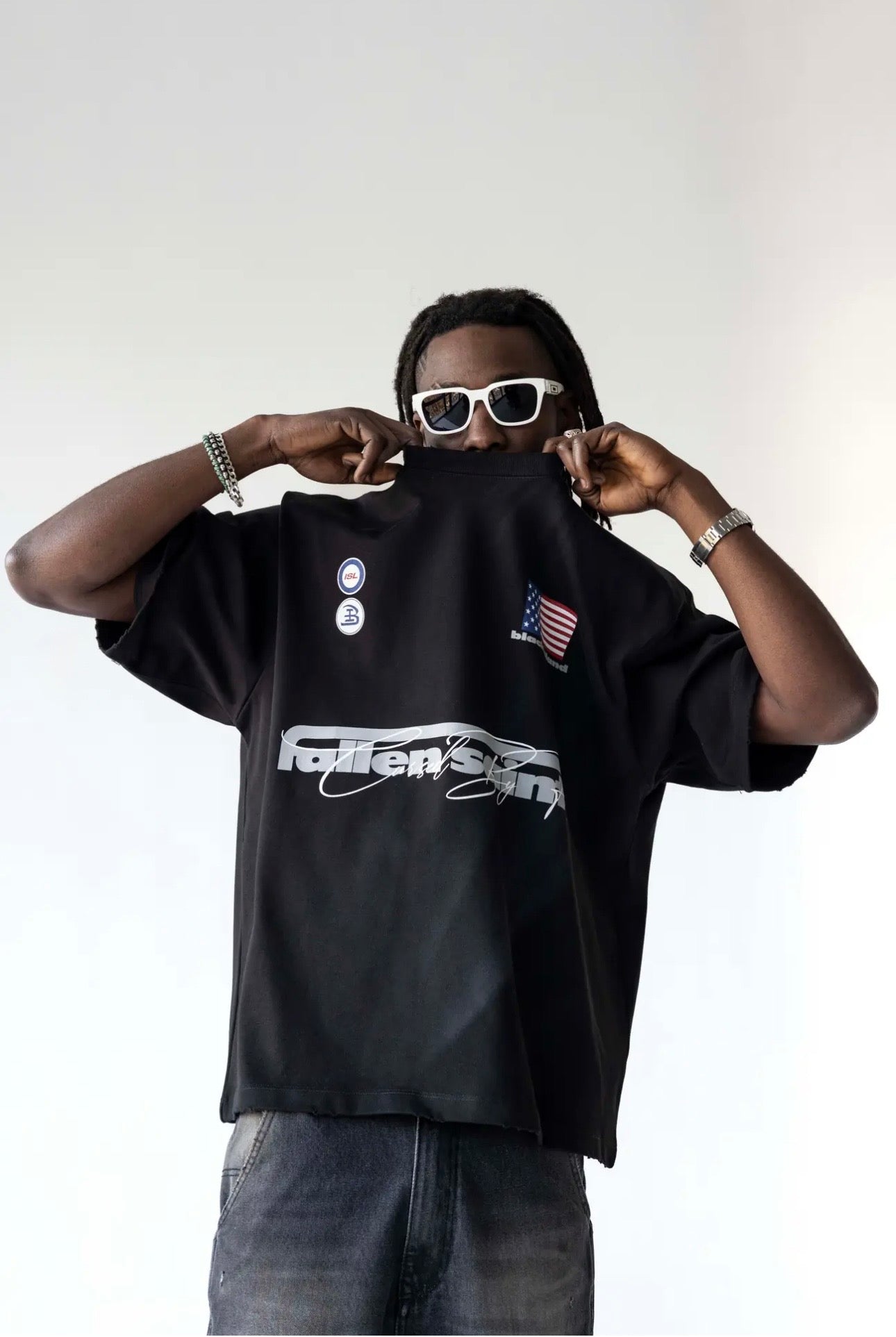 BLACK ISLAND T-Shirt In Cotone Sfumata Cropped Con Stampa America Nero