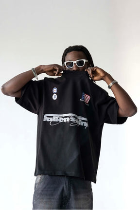 BLACK ISLAND T-Shirt In Cotone Sfumata Cropped Con Stampa America Nero