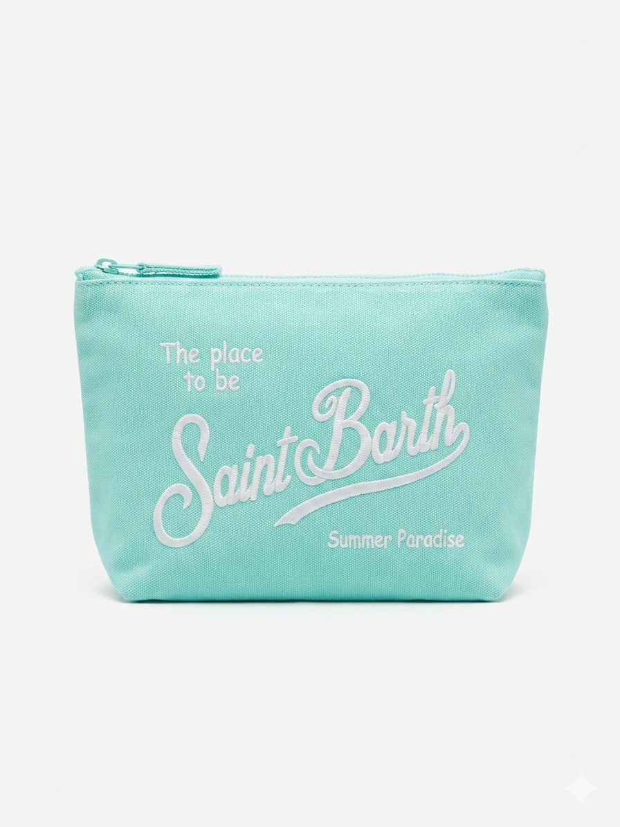SAINT BARTH Pochette Aline Canvas Verde Acqua Logo Ricamato Bianco