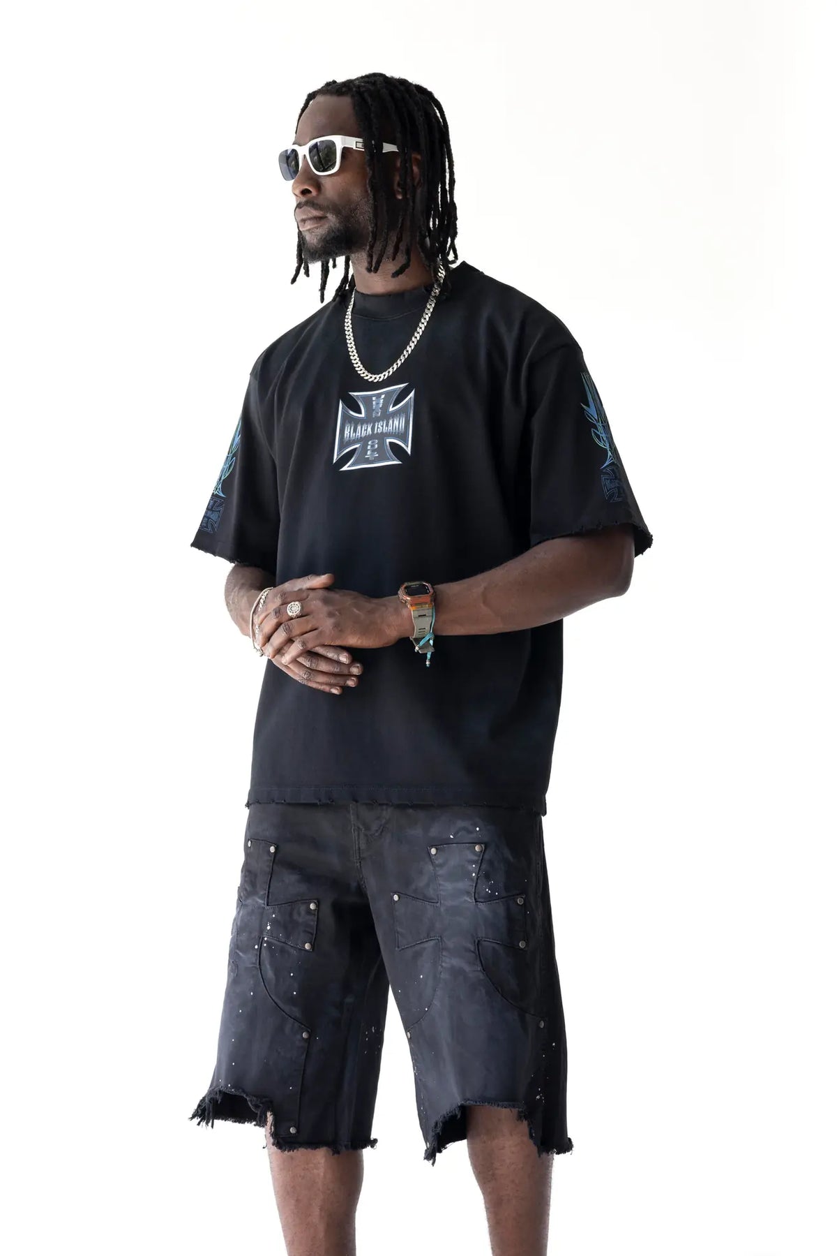 BLACK ISLAND T-Shirt In Cotone Stampa Croce Fronte e Retro Nera