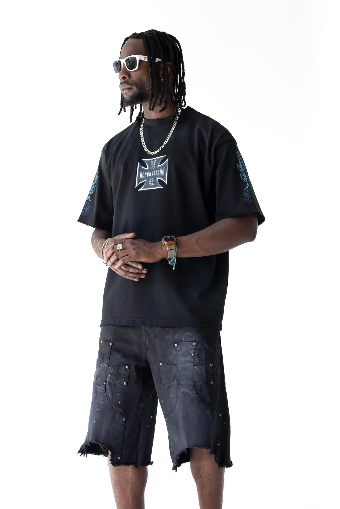 BLACK ISLAND T-Shirt In Cotone Stampa Croce Fronte e Retro Nera