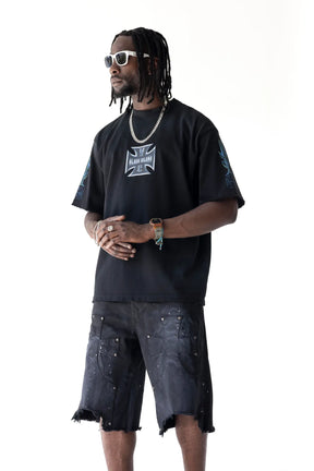 BLACK ISLAND T-Shirt In Cotone Stampa Croce Fronte e Retro Nera