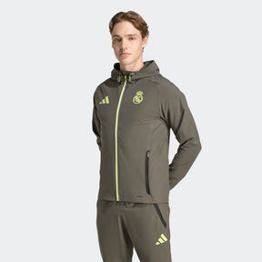 ADIDAS Tuta Real Madrid Leggera In Microfibra Zip e Cappuccio Verde Militare/Fluo