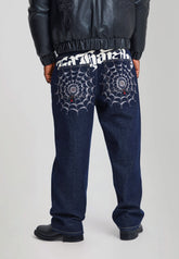 EH HARDY Jeans Baggy Con Patch Ragnatela e Stampa Retro Lavaggio Denim Blu Scuro