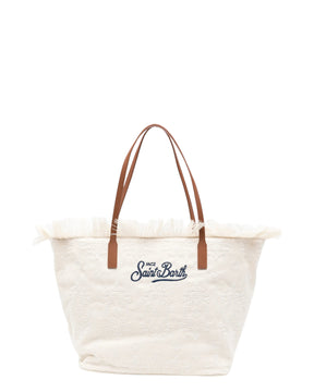 SAINT BARTH Borsa City regular in Sangallo con Frange Bianca Logo Ricamato Blu