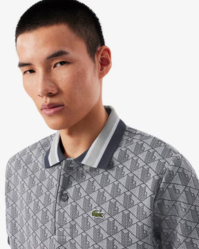 LACOSTE Polo Linea Monogram in Tessuto Jacquard Nera/Grigia