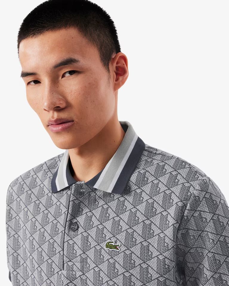 LACOSTE Polo Linea Monogram in Tessuto Jacquard Nera/Grigia