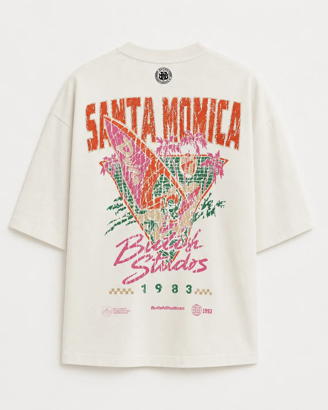 BUTISH T-Shirt SANTA MONICA Stampa Fronte e Retro Con Strass Bianca
