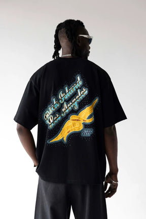 BLACK ISLAND T-Shirt In Cotone Nera Stampa Brillantinata Azzurra