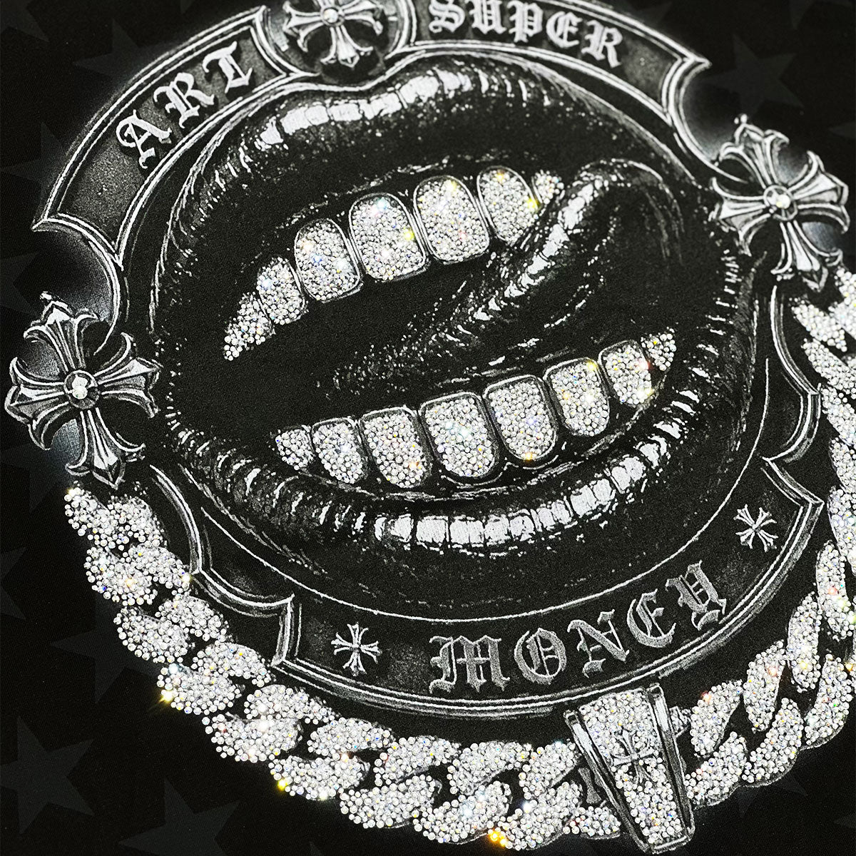 ART SUPER MONEY Long Sleeve Deep Gothic Con Stampa e Strass Fronte Retro Con Stampa Star Nera
