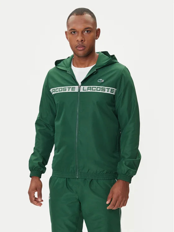 LACOSTE Tuta In Microfibra Con Zip e Cappuccio Banda Centrale Verde/Bianca