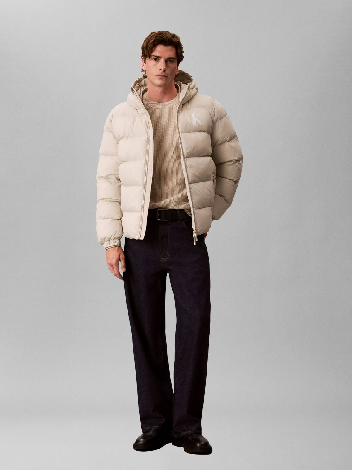 CALVIN KLEIN Giubbotto Invernale Bomber Con Logo Grande Sul Petto Beige 26/27