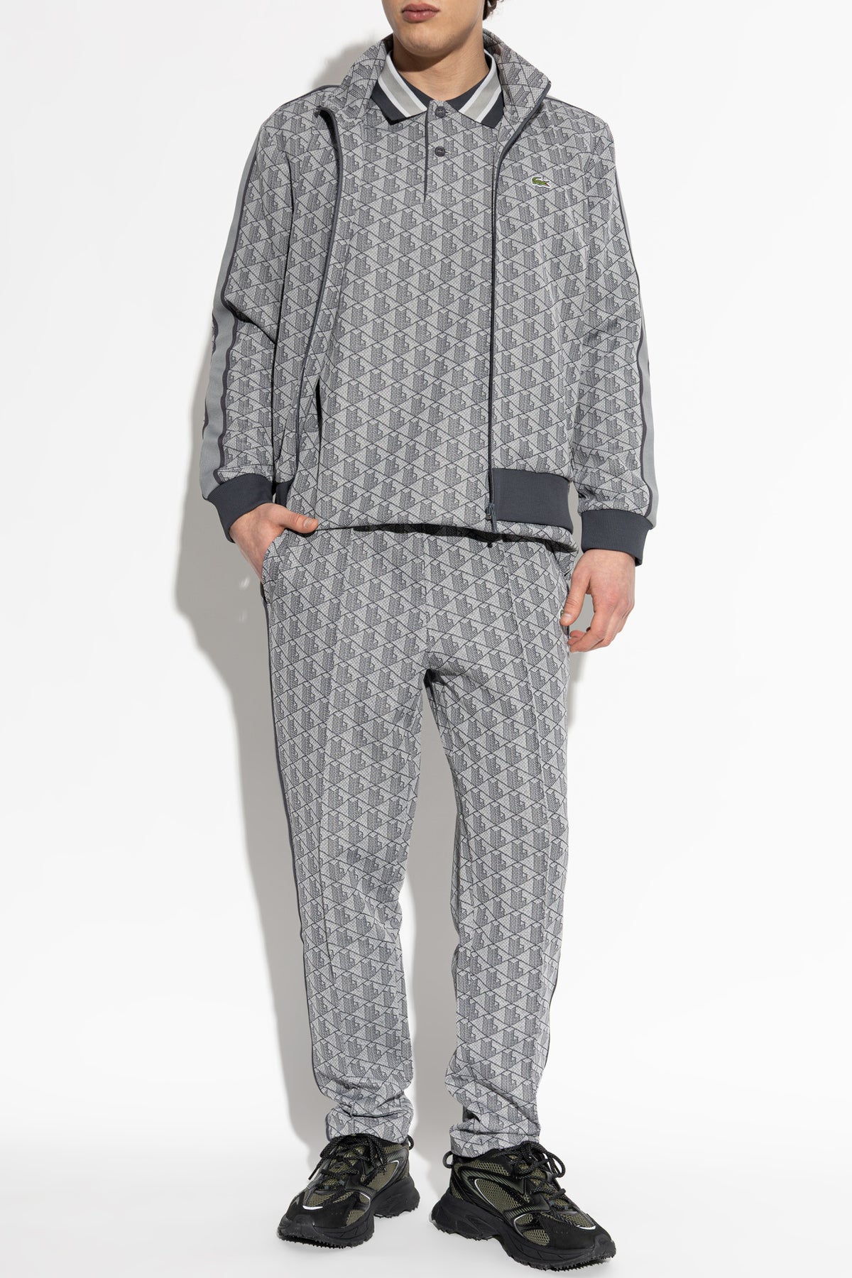 LACOSTE Monogram Felpa Con Zip Grigia e Nera