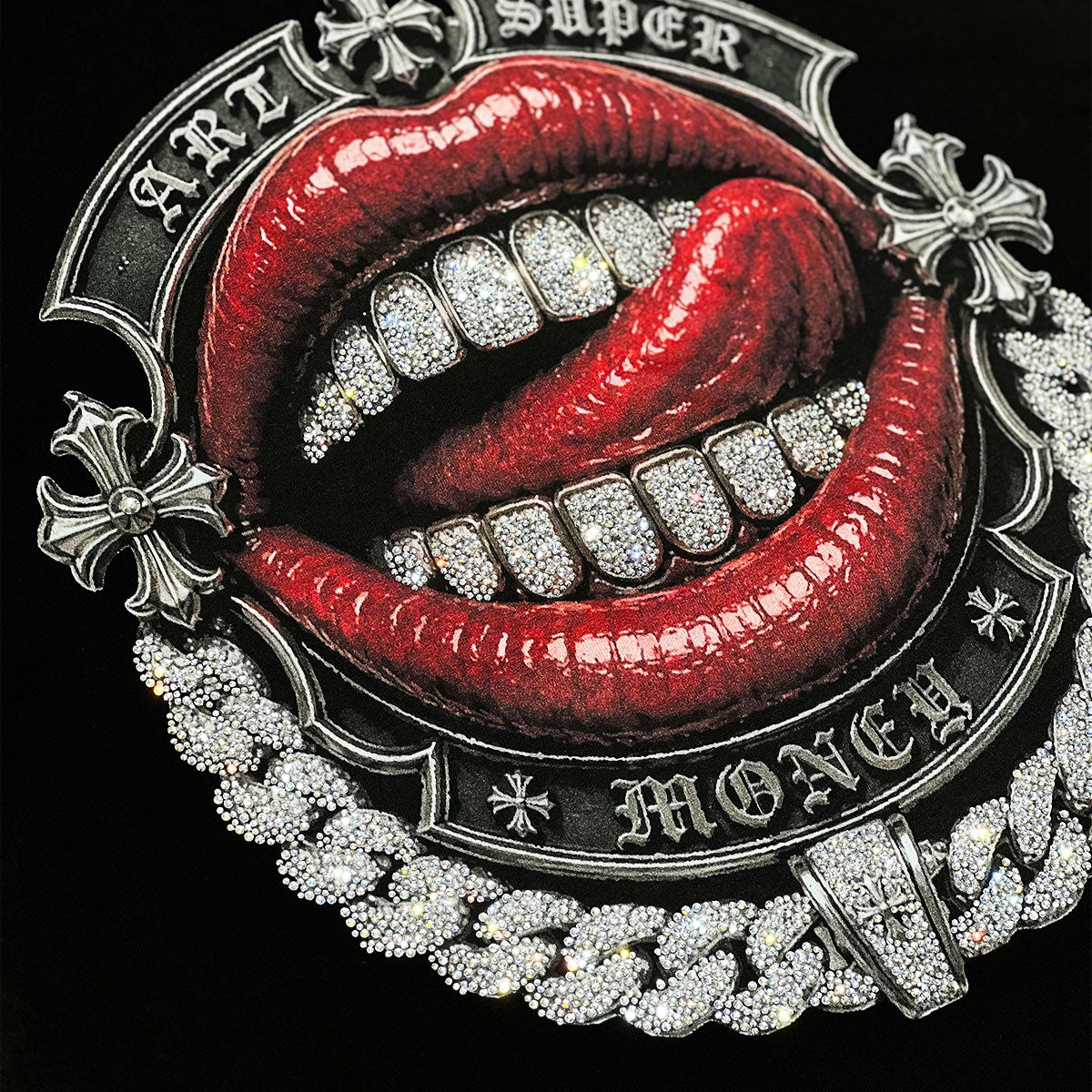 ART SUPER MONEY T-Shirt T-BAR Con Stampa e Strass Retro Nera
