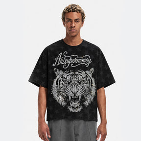 ART SUPER MONEY T-Shirt Holy Tiger Con Stampa e Strass Fronte Retro Con Stampa Star Nera
