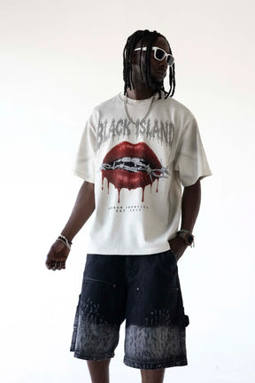 BLACK ISLAND T-Shirt In Cotone Stampa Bocca Frontale Rosa Dei Venti Retro Bianco Stone Wash