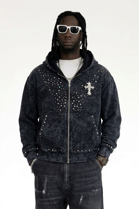 BLACK ISLAND Felpa Con Zip e Cappuccio Con Stampa Croce Fronte e Retro Con Borchie e Strass Stone Wash Nera