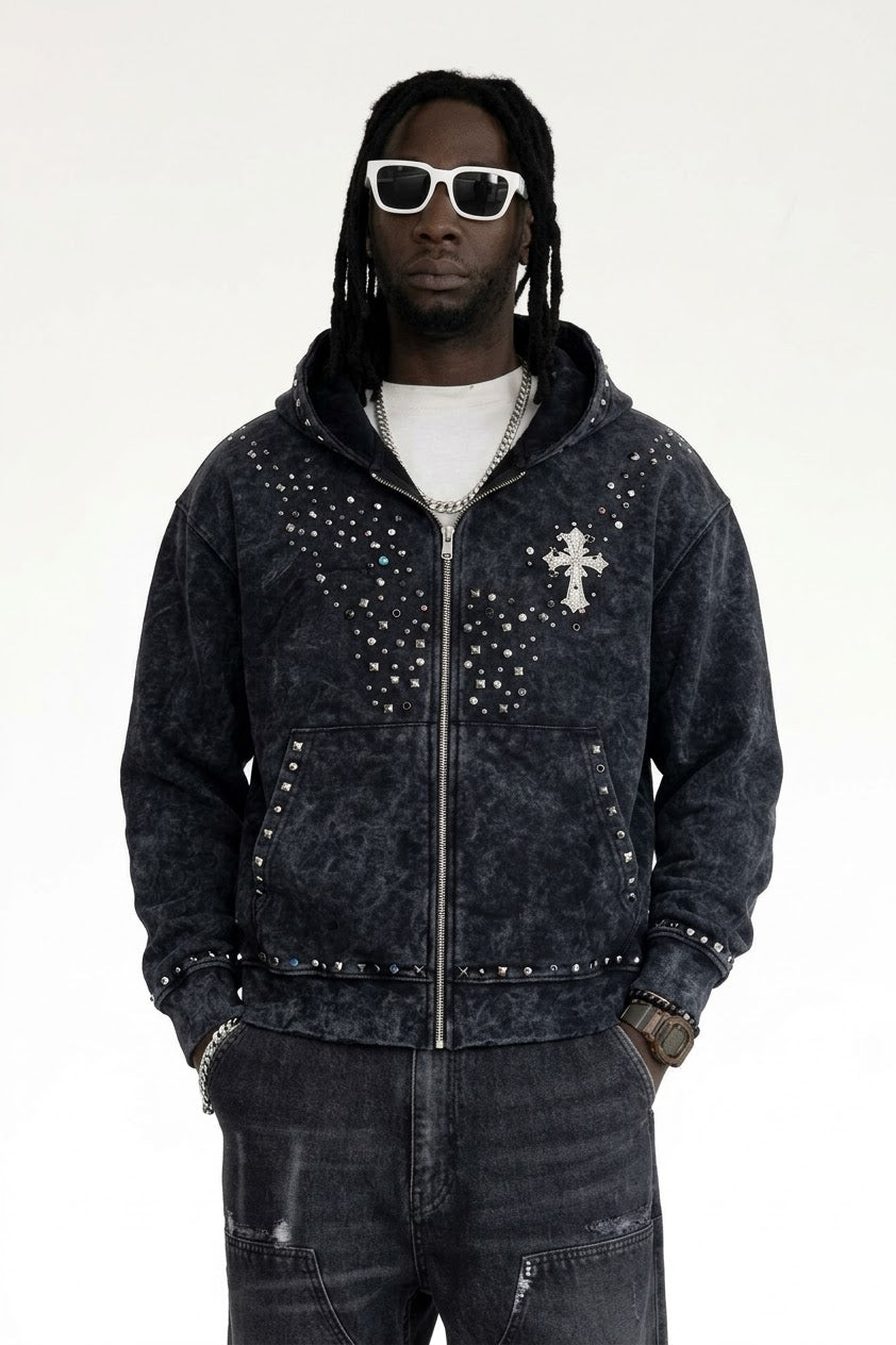 BLACK ISLAND Felpa Con Zip e Cappuccio Con Stampa Croce Fronte e Retro Con Borchie e Strass Stone Wash Nera