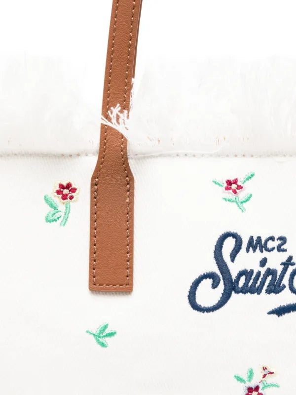 SAINT BARTH Borsa City Medium In Cotone Bianca Con Ricamo a Fiori
