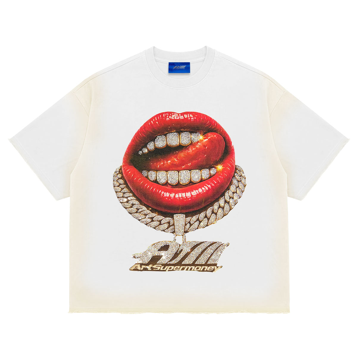 ART SUPER MONEY T-Shirt GRILLZ Con Stampa e Strass Fronte Retro Bianca