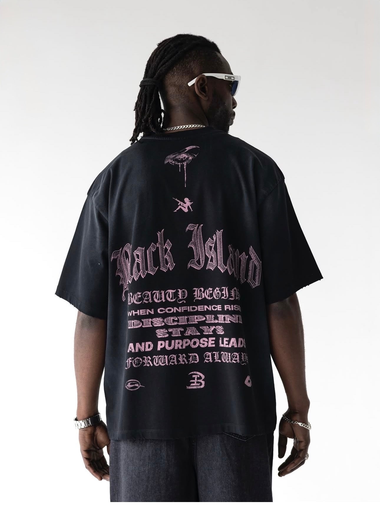 BLACK ISLAND T-Shirt In Cotone Nera Stampa Statua Della Libertà Brillantini Rosa