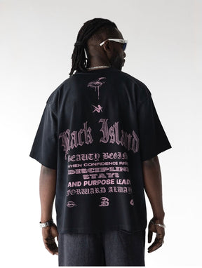BLACK ISLAND T-Shirt In Cotone Nera Stampa Statua Della Libertà Brillantini Rosa