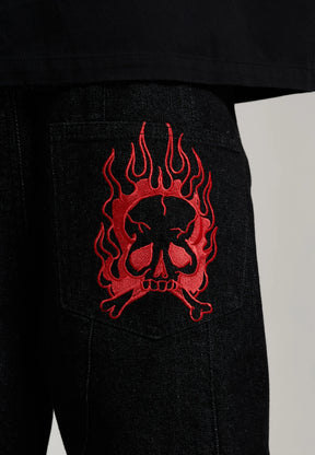 ED HARDY Pantaloncino in Jeans Jorts Con Stampa Avanti E Teschi Ricamati Retro Nero