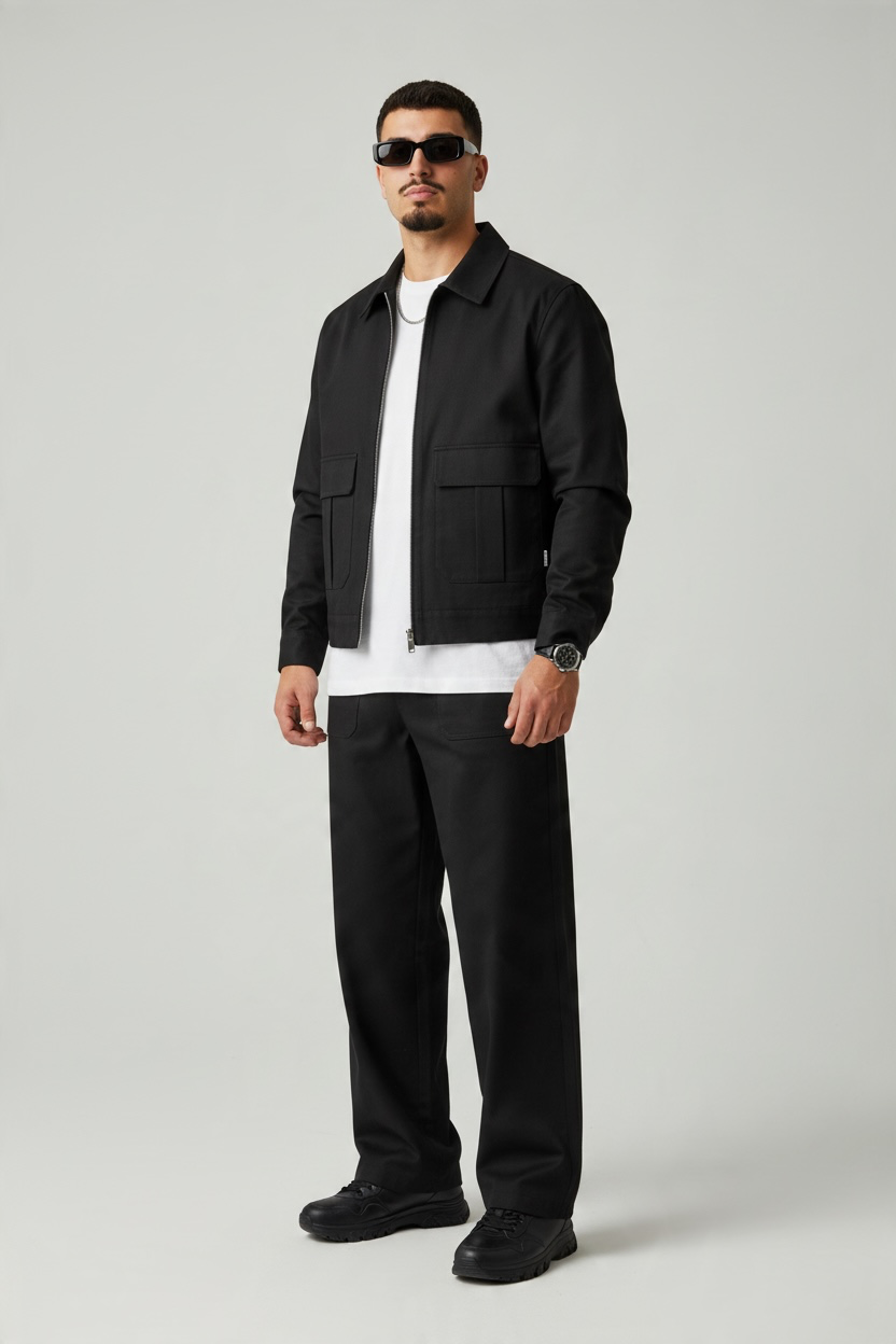 FIRST GARMENT Coordinato Giacca Con Zip e Colletto Pantalone Fondo Largo Nero