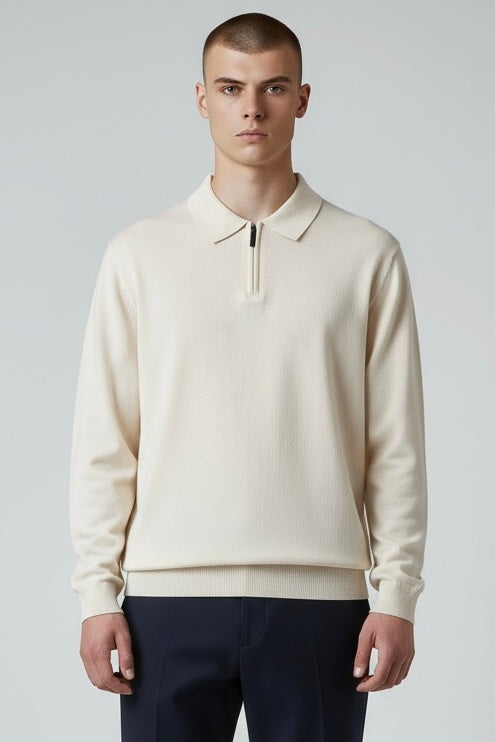 Polo A Maniche Lunghe Mezza Zip Made in Italy In Cotone Bianco