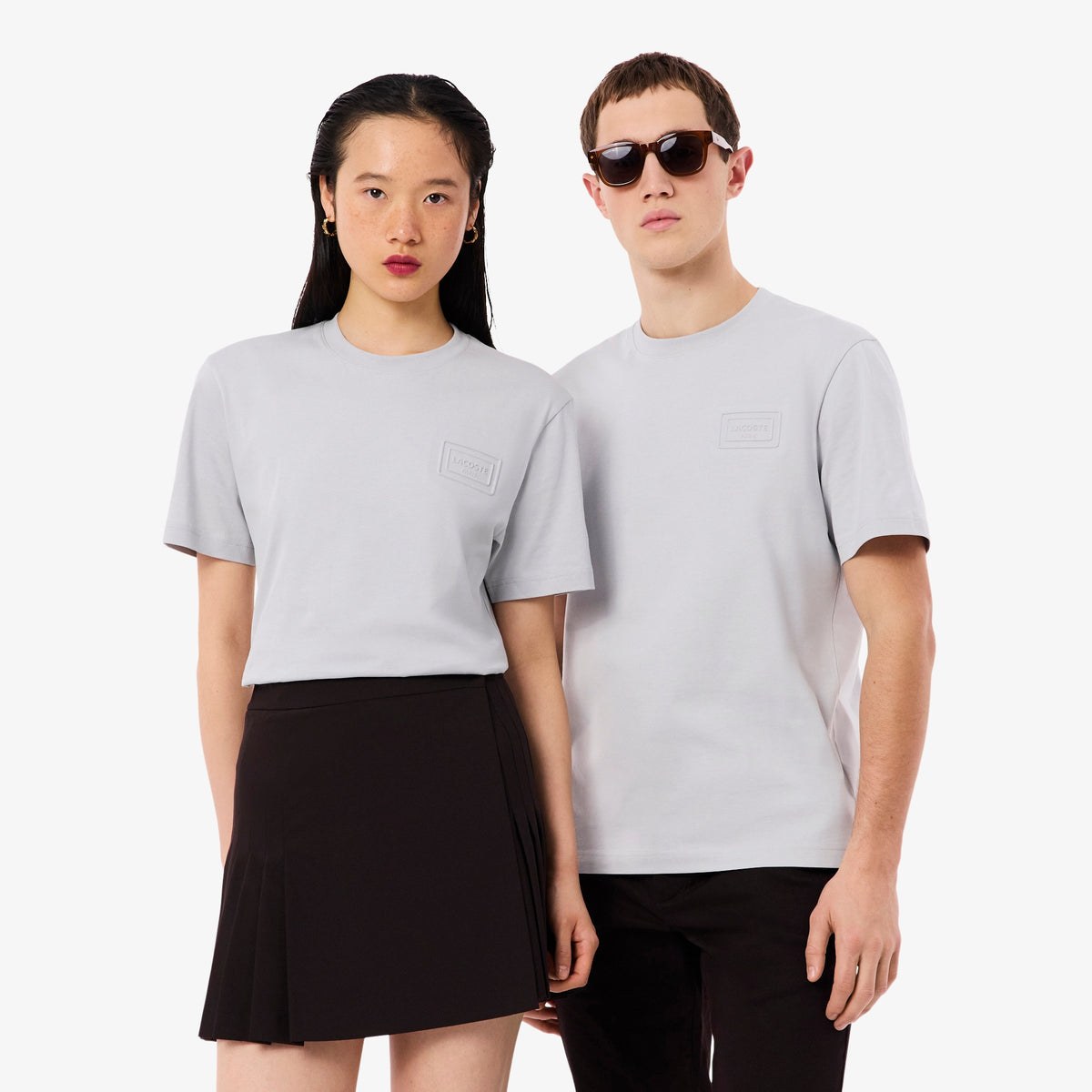 LACOSTE T-Shirt Logo Goffrato Tono Su Tono Grigia
