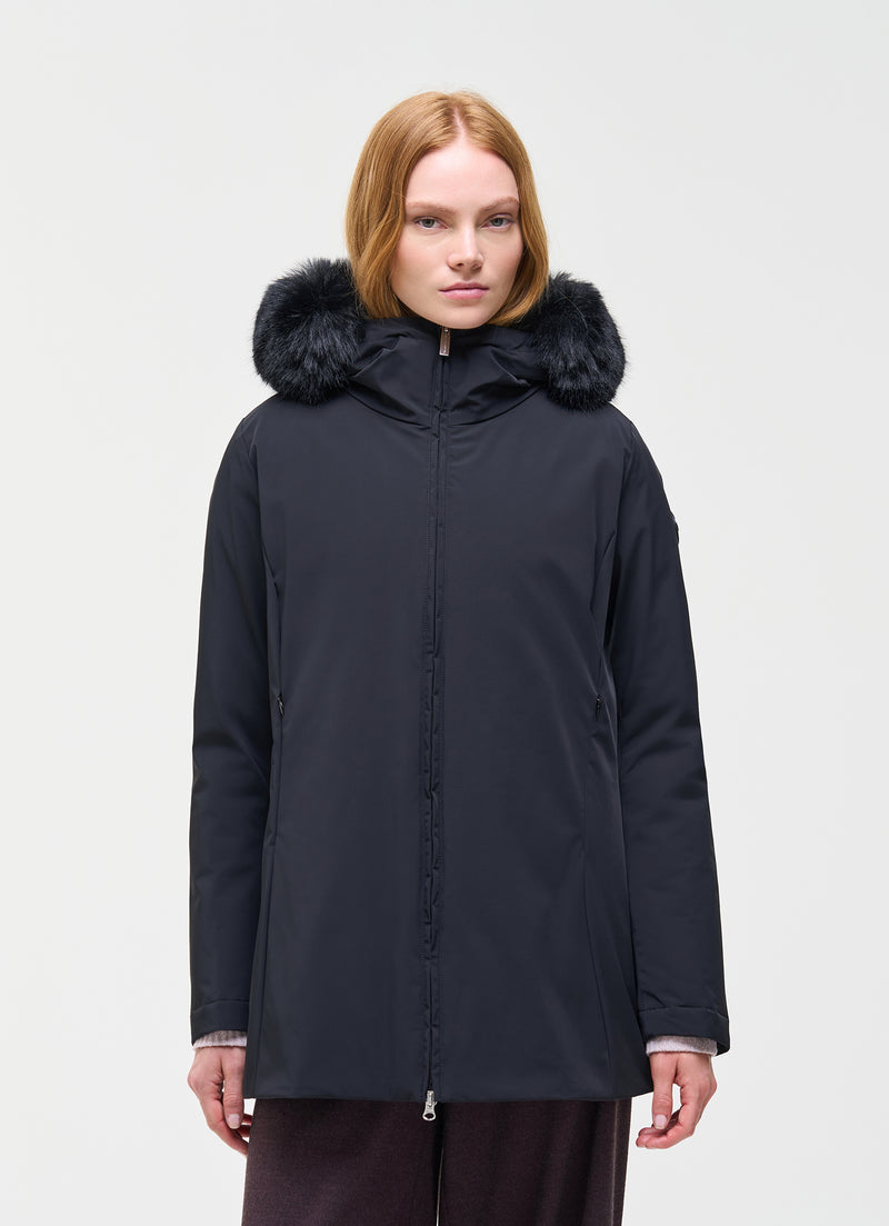 COLMAR Donna Piumino Impermeabile Lungo Con Pelliccia Nero