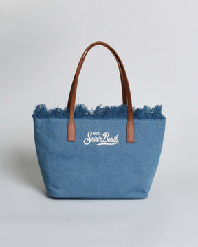 SAINT BARTH Borsa City Medium in denim blu con chiusura a zip e frange