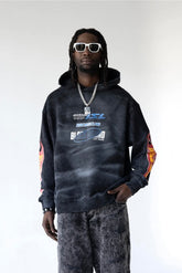 BLACK ISLAND Felpa In Cotone Sfumata Con Stampa Fronte-Manica e Retro Nero Stone Wash