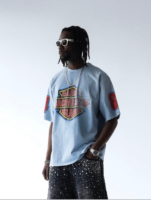 BLACK ISLAND T-Shirt In Cotone Sfumata Cropped Con Stampa Racing e Brillantini Fronte e Retro Azzurra